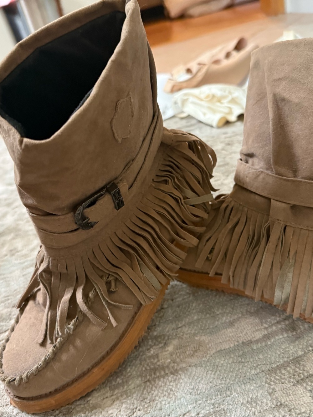 Fringe Faux Suede Moccasin Boots - Brown